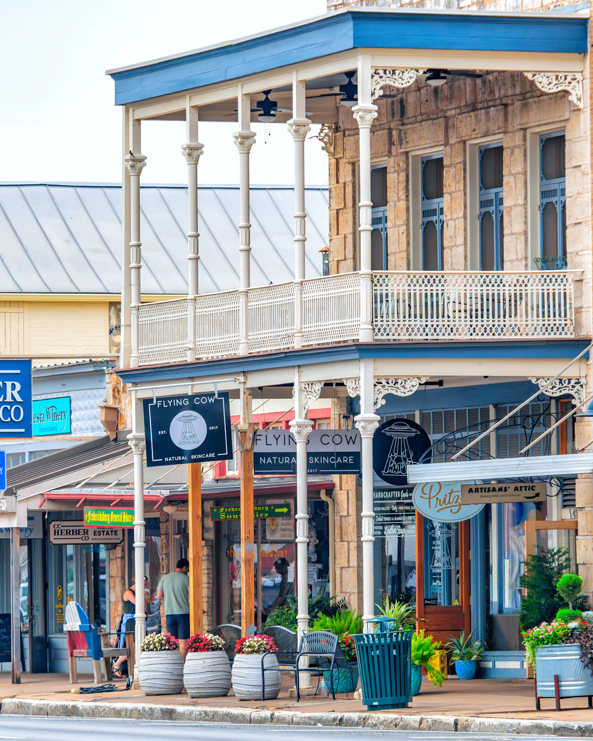 Historic storefronts and signs on a small-town main street